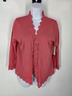 Rena Rowan Vintage Cardigan Sweater S Pink Coral Crochet Lace Trim Open Front 90